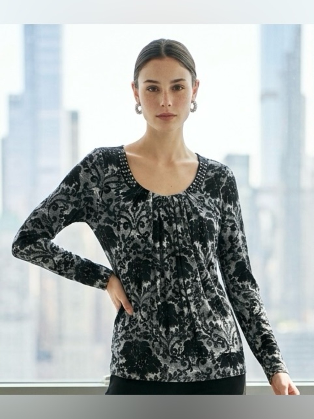 2 for $20 Tops Rafaella Long Sleeve Tunic Black Grey Rhinestones Beads SZ S EUC